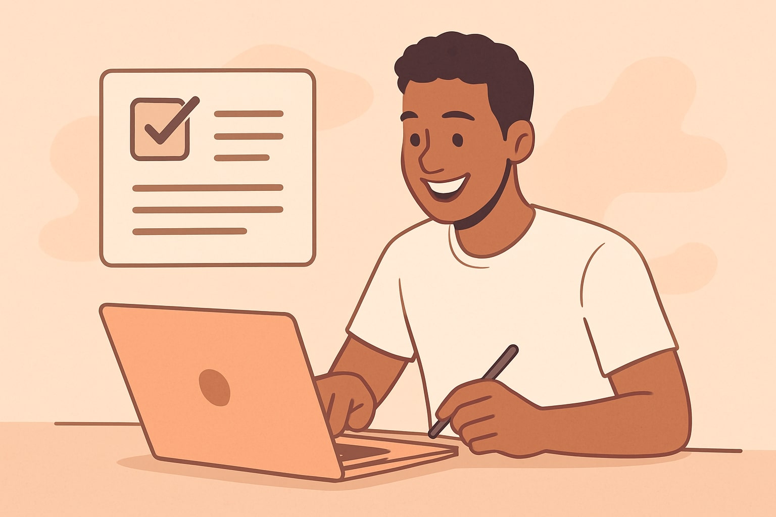 Friendly illustration of person taking an online test with laptop and checklist